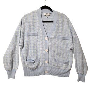 Womens Tweed Cardigan Sweater XL  Button Light Blue Clueless Preppy Checked